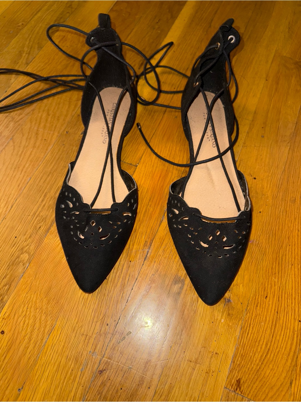 Christian Siriano Black Laser-Cut Pointed Lace-Up Flats
